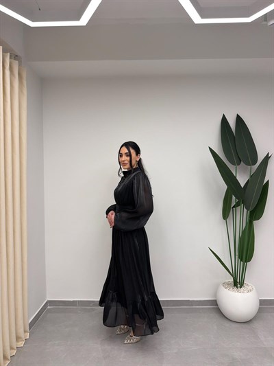 Bel Büzgülü Tasarım Elbise Siyah