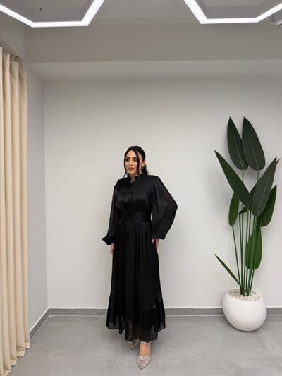 Bel Büzgülü Tasarım Elbise Siyah