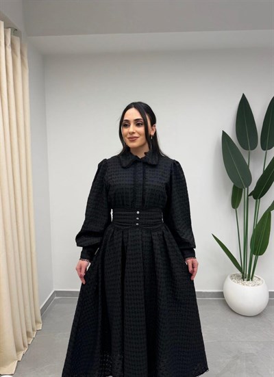 Beli Korsajlı Fistolu Elbise Siyah