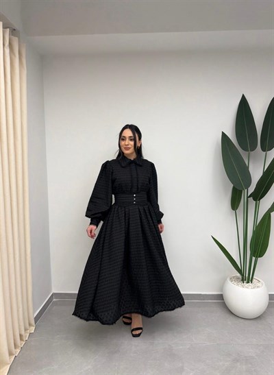 Beli Korsajlı Fistolu Elbise Siyah