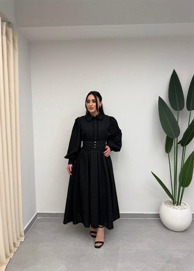 Beli Korsajlı Fistolu Elbise Siyah