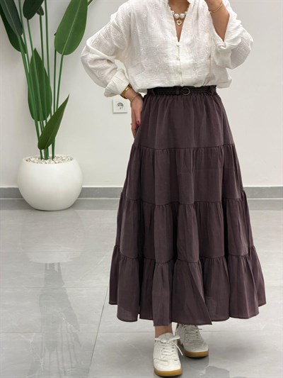 Beli Lastikli Kemerli Kloş Etek Kahve