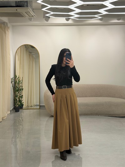 Camel-Siyah Çift Parça Görünümlü Vatkalı Elbise