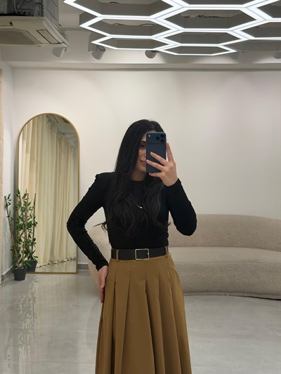 Camel-Siyah Çift Parça Görünümlü Vatkalı Elbise