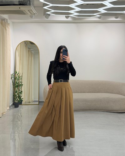 Camel-Siyah Çift Parça Görünümlü Vatkalı Elbise