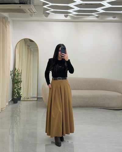 Camel-Siyah Çift Parça Görünümlü Vatkalı Elbise