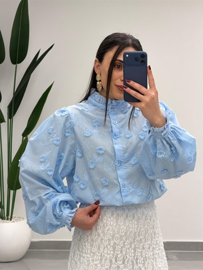 Çiçek Desen Gömlek Mavi