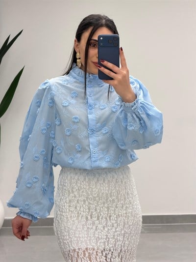 Çiçek Desen Gömlek Mavi