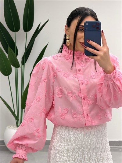 Çiçek Desen Gömlek Pembe