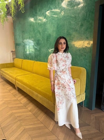 Çiçek Desen Kemerli Elbise