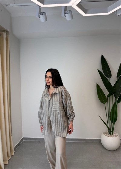 Çizgili Oversize Gömlek Bej
