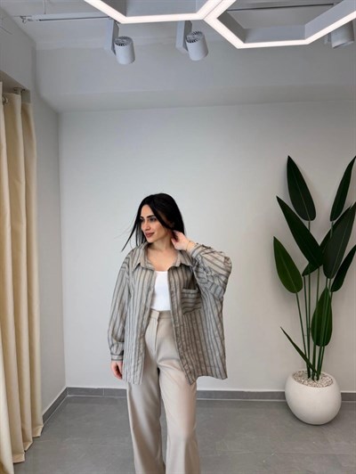 Çizgili Oversize Gömlek Bej
