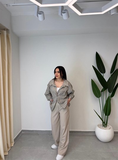Çizgili Oversize Gömlek Bej