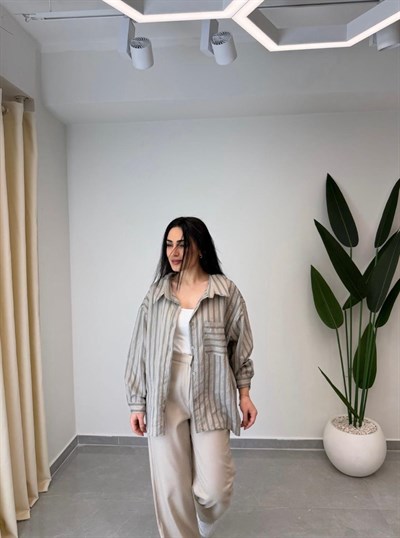 Çizgili Oversize Gömlek Bej