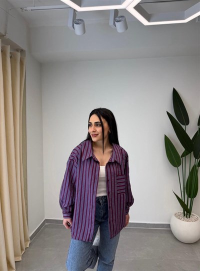 Çizgili Oversize Gömlek Bordo