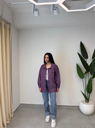 Çizgili Oversize Gömlek Bordo