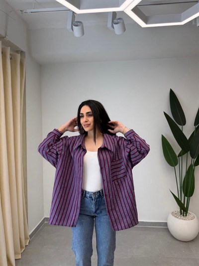Çizgili Oversize Gömlek Bordo