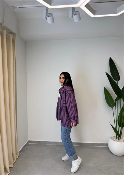 Çizgili Oversize Gömlek Bordo
