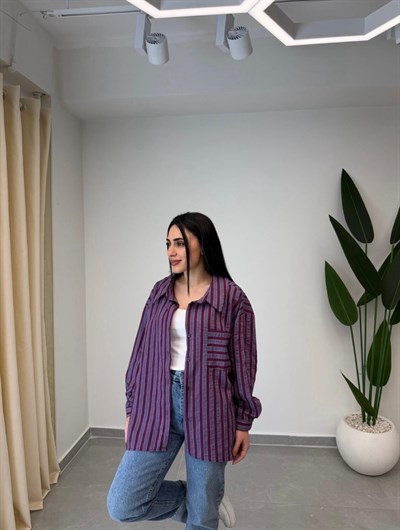 Çizgili Oversize Gömlek Bordo