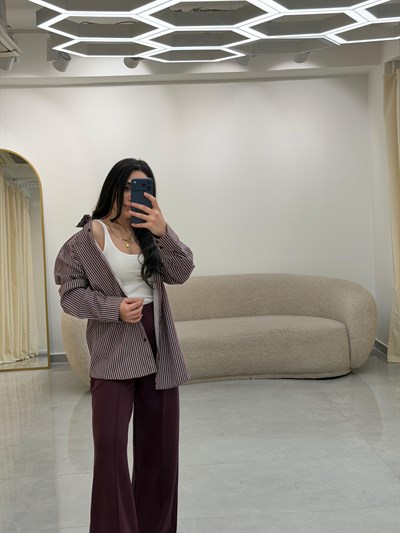 Çizgili Oversize Gömlek Bordo-Beyaz