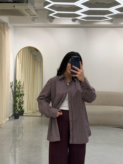 Çizgili Oversize Gömlek Bordo-Beyaz