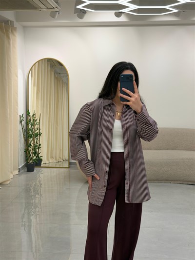Çizgili Oversize Gömlek Bordo-Beyaz