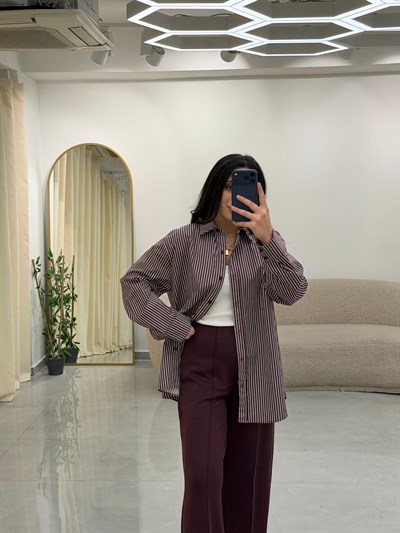 Çizgili Oversize Gömlek Bordo-Beyaz