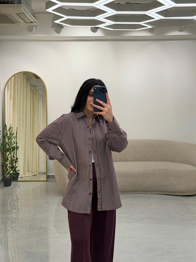 Çizgili Oversize Gömlek Bordo-Beyaz