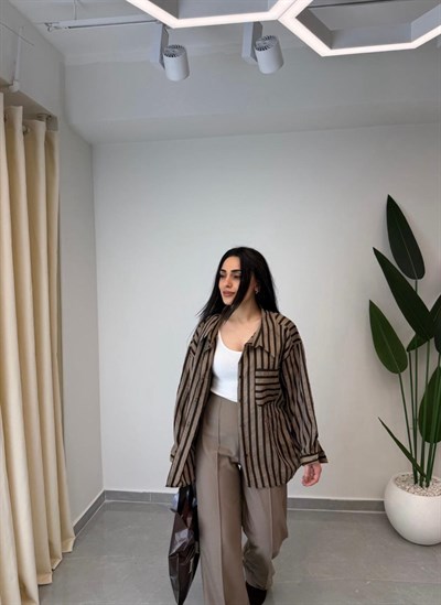 Çizgili Oversize Gömlek Kahve