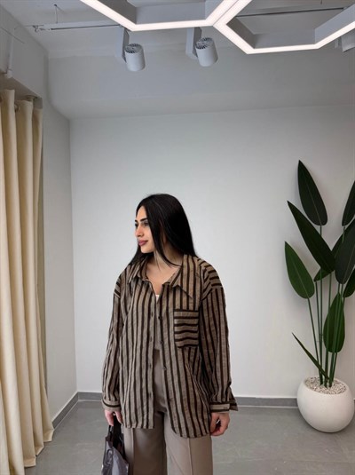 Çizgili Oversize Gömlek Kahve