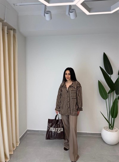 Çizgili Oversize Gömlek Kahve