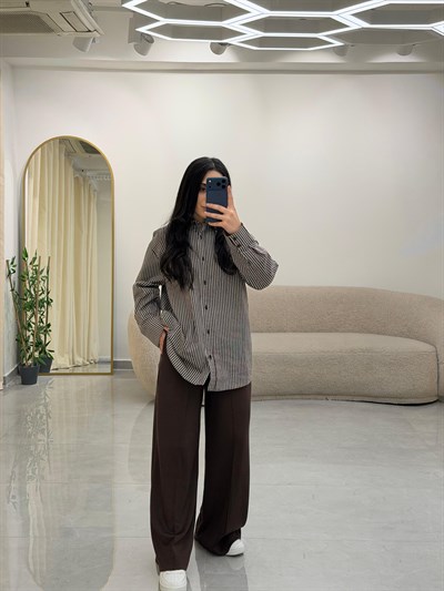 Çizgili Oversize Gömlek Kahve-Beyaz