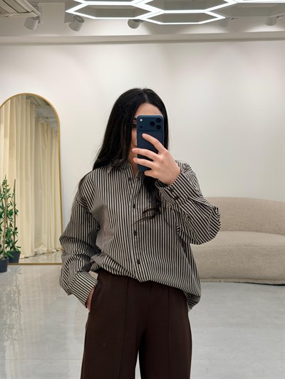 Çizgili Oversize Gömlek Kahve-Beyaz