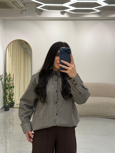 Çizgili Oversize Gömlek Kahve-Beyaz