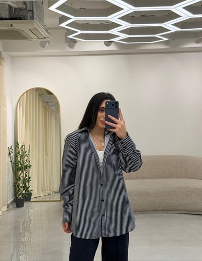 Çizgili Oversize Gömlek Lacivert-Beyaz