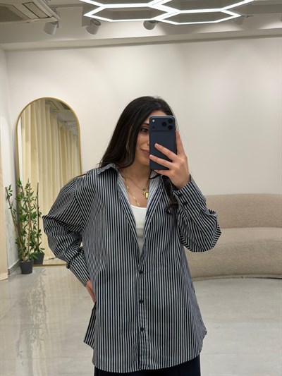 Çizgili Oversize Gömlek Lacivert-Beyaz