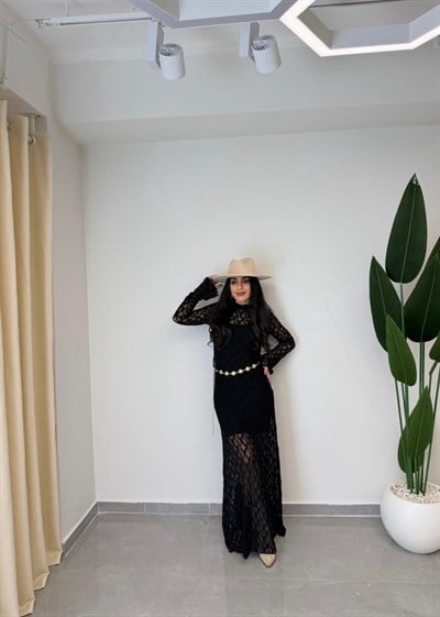 Dantelli Kemerli Uzun Kol Elbise Siyah