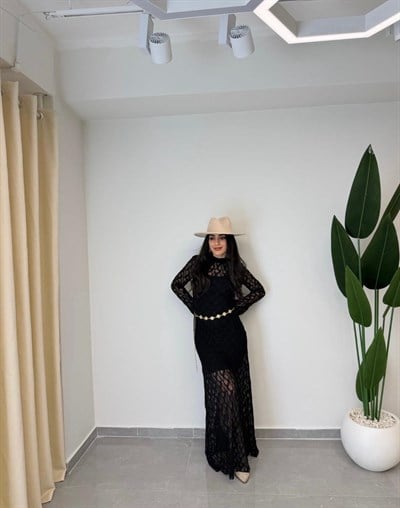 Dantelli Kemerli Uzun Kol Elbise Siyah