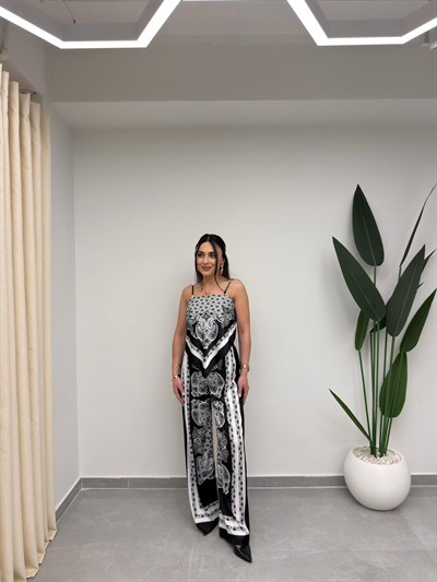 Desenli Bluz Pantolon İpek Saten Takım Siyah
