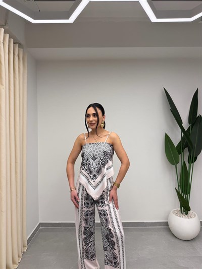 Desenli Bluz Pantolon İpek Saten Takım Pudra
