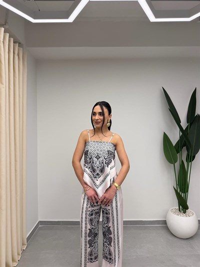 Desenli Bluz Pantolon İpek Saten Takım Pudra
