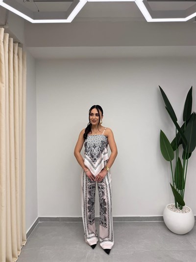 Desenli Bluz Pantolon İpek Saten Takım Pudra