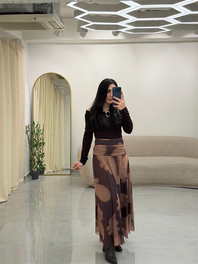 Drape Bel Detaylı Astarlı Desenli Etek
