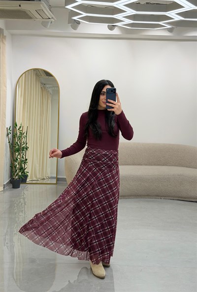 Drape Bel Detaylı Astarlı Desenli Etek Bordo