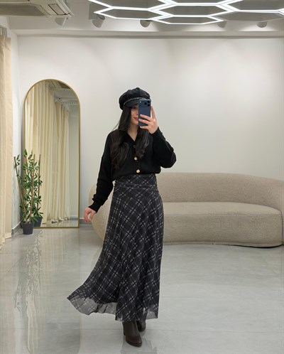 Drape Bel Detaylı Astarlı Desenli Etek Gri