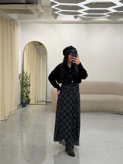 Drape Bel Detaylı Astarlı Desenli Etek Gri