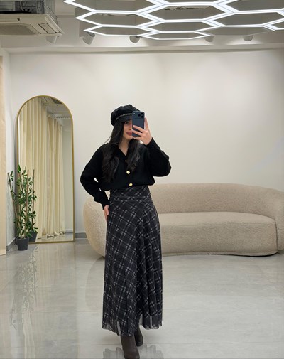 Drape Bel Detaylı Astarlı Desenli Etek Gri