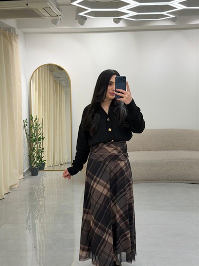 Drape Bel Detaylı Astarlı Desenli Etek Kahve