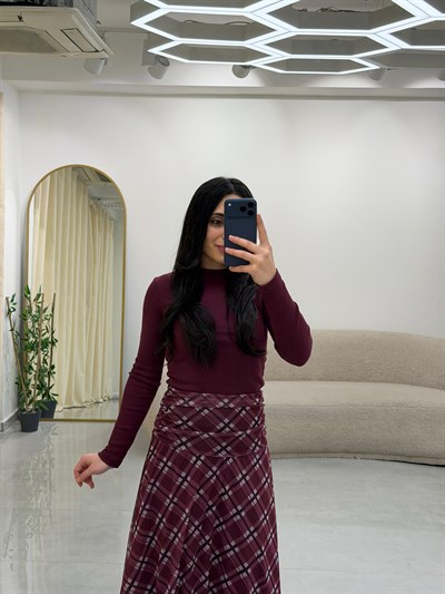 Drape Bel Detaylı Astarlı Desenli Etek Bordo