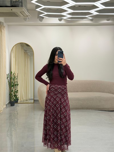 Drape Bel Detaylı Astarlı Desenli Etek Bordo